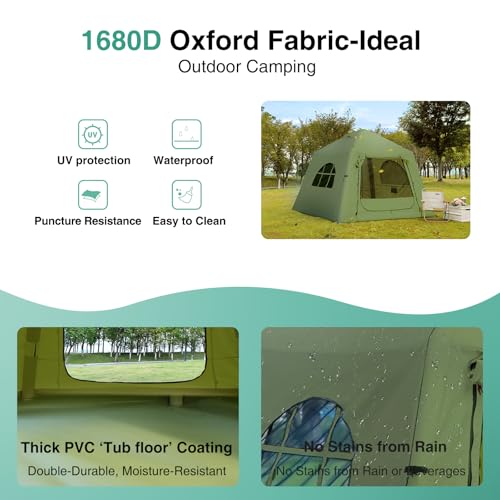 KNUO Inflatable Camping Tent, Large Blow-Up Air Tent, No Assembly Needed Luxury Glamping House, Oxford Fabric - color: Field Green-Dual-layer Doors, size: 7.8x7.8ft