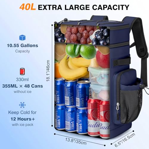 Insulated Cooler Backpack, 40L Leakproof Backpack with Double Compartments for Men & Women, Large Lunch Cooler for Camping, Beach, Travel, Picnic, Up to 48 Cans - color: Blue