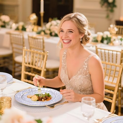 DaYammi 175PCS Clear Gold Plastic Dinnerware Set, Plastic Plates Disposable Hammered Disposable Plates for Party, Include: 25 Dinner Plates 25 Dessert Plates 75 Gold Silverware 25 Napkins 25 Cups - color: Clear, size: 175 Pcs