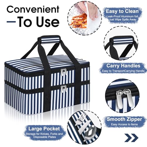 Double Insulated Casserole Carrier, Portable Casserole Carrier for Hot or Cold Food Lunch Tote Warmer or Cooler Bag, Lasagna Lunch Bag for Potluck Parties- Fits 9" x 13" Baking Dish-Blue Stripes - color: Blue Stripes, size: 16x10x7.2 in