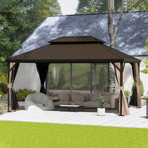 Domi 10' X 14' Hardtop Gazebo, Upgraded Metal Gazebo with Drainage System, Dual-Layer Galvanized Steel Roof, Curtain and Netting, Outdoor Shelter Canopy for Patio, Garden, and Backyard, Brown - color: Brown, size: 10'x14'/w gutter