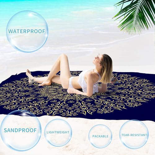 Beach Blanket Waterproof Sandproof 78''×81'' Large Suits 1-5 Adults Oversized Lightweight Picnic Mat Beach Blanket Water Resistant for Camping Hiking Travel Picnic - color: Navy Mandala, size: 78''x81''