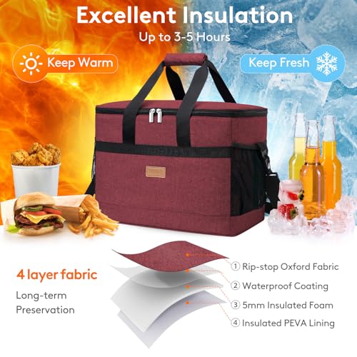 Lifewit Cooler Bag 30/50/60 Cans Collapsible and Insulated Large Lunch Bag Leakproof Soft Cooler Portable Tote for Camping/BBQ/Family Outdoor Activities - color: Burgendy, size: 50-Can(30L)