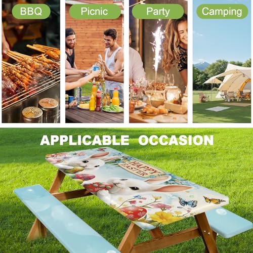 ANNA QUEEN Easter Garden 6FT Picnic Table Cover with Bench Covers Set of 3 with Drawstring Bag, Bunny Eggs Flowers 72"x30" Waterproof Picnic Tablecloth & Bench Covers for Outdoor Dining - color: #62