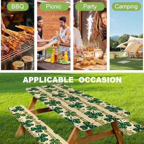 ANNA QUEEN St. Patrick’s Day Clover 6FT Picnic Table Cover with Bench Covers Set of 3 with Drawstring Bag, Green Clover 72"x30" Waterproof Picnic Tablecloth & Bench Covers for Outdoor Dining - color: #53