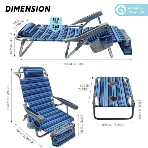 Backpack Beach Chair Aluminum 2 Pack with Folding Camping Table 5-Position Lay Flat Lounge Chair Outdoor for Adults with Insulated Cooler Bag and Cup Holder - color: Navy, size: 2 PACK