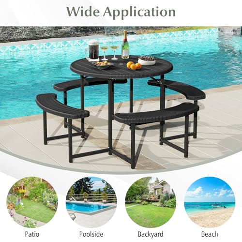 Byroce 8-Person Picnic Table for Outdoors, HDPE Picnic Table Set with 4 Benches, Umbrella Hole & Metal Frame, Heavy Duty Round Dining Table Chairs for BBQ Party in Patio, Yard & Poolside (Black) - color: Black