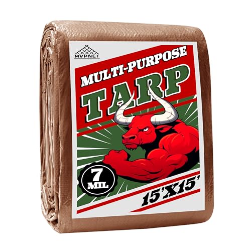 Tarp 15x15 ft 100% Waterproof 7mil Durable Grommets and Reinforced Edges,Uv Resistant,Green/Brown Tarp,Emergency Rain Shelter,Outdoor Cover and Camping Use -by MVPNET - size: 15x15