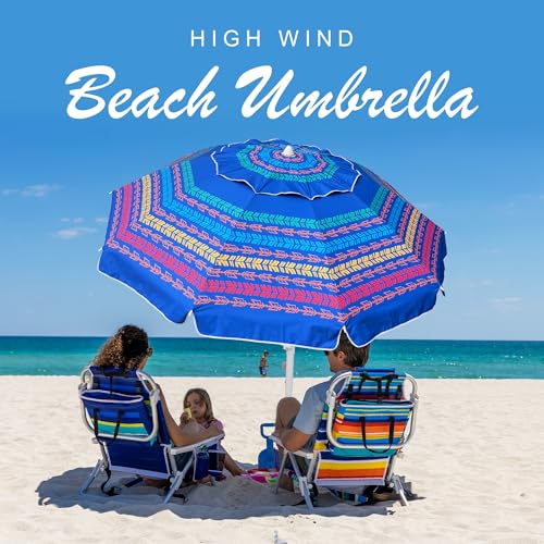 AMMSUN 8 Feet Large Beach Umbrella with Sand Anchor Heavy Duty High Wind Portable Outdoor Umbrellas UV 50+ Protection Air Vent Tilt Patio Garden Pool - color: Navy Stripes