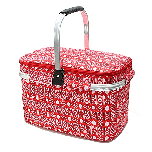 Insulated Picnic Basket 26L Portable Collapsible Market Leakproof Tote with Aluminum Handle for Camping, Shopping, Travel, Large Size (Red) - color: Red
