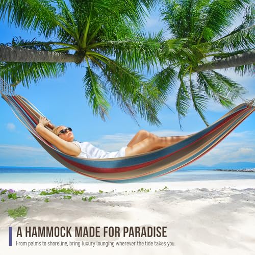 Sorbus® Brazilian Double Hammock - Extra-Long Two Person Portable Hammock Bed for Indoor or Outdoor Spaces - Hanging Rope, Carrying Pouch Included (Blue/Sand/Purple/Red Stripes) - color: Blue/Sand/Purple/Red Stripes