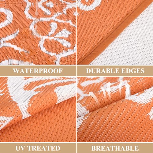 Pauwer Waterproof Outdoor Rug 6x9, Reversible Plastic Straw Patio Camping Rug, Indoor Outdoor RV Mat Carpet for Deck, Camper, Porch, Balcony, Backyard, Picnic, Floral Orange - color: Floral Orange, size: 6' x 9' (Rectangular)