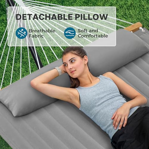 SUPERJARE Hammock with Stand, 2 Person Quilted Outdoor Hammock, Detachable Pillow & Bamboo Spreaders, Portable Hammock with Carrying Bag, Heavy Duty Stand, Perfect for Outside, Patio, Gray - color: Grey, size: 55.1"W × 74.8''D × 43.3''H