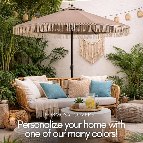 Formosa Covers 9ft 8-Rib Boho Replacement Umbrella Canopy with Tassel Fringe Valance, 600D Polyester, UV-Treated, Fits Market Patio Frames - color: Tassel Taupe