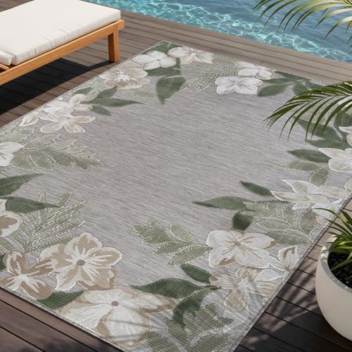 Outdoor Rug 8x10 Washable Area Rugs Indoor Outdoor Carpets Green Border Floral Non Shedding Waterproof Easy Clean Patio Deck Porch Living Room Bedroom Garden RV (8 X 10 Green) - color: 1-green, size: 8' x 10' (Rectangular)