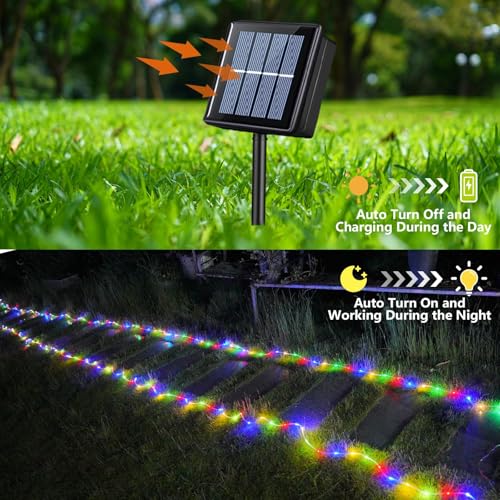 YEGUO Solar Rope Lights Outdoor Waterproof, 66ft 200 LED Multicolor String Lights, 8 Modes Fairy Lights in Clear Thin Tube - color: Multicolor