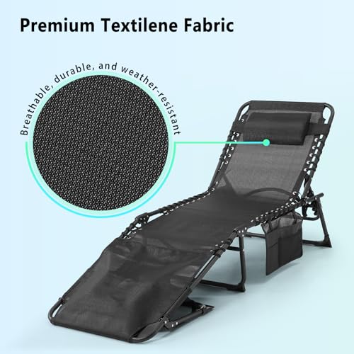 Unovivy Tanning Chairs with Face Hole Set of 2, Teslin Folding Outdoor Lounge Chair with 5-Position Reclining Back for Sunbathing, Pool, Patio, Camping - color: Black