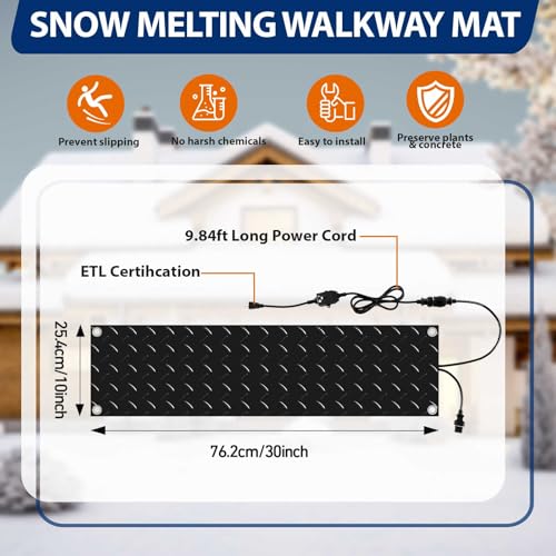 Riakrum 2 Pcs Heated Snow Melting Mats Outdoor, 10 x 30 in Winter Anti-Slip Heated Rubber Mat for Walkways Decks and Sidewalks, Electric Snow and Ice Melting Pads Connection with 9.84 ft Power Cord - size: 10 x 30 Inch