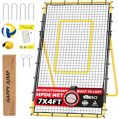 Happy Jump 7x4 FT Portable Volleyball Rebounder Net, 5 Adjustable Angles Bounce Back Trainer, Heavy-Duty Steel Frame & 45-Ply Net, Target Practice Training Equipment, Includes Volleyball