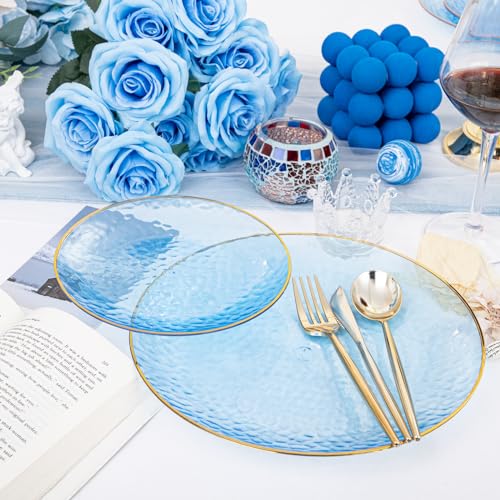 Rubtlamp 60Pcs Clear Blue Plastic Plates, Hammered Blue Plates, Clear Fancy Disposable Plates With Gold Rim Include 30 Dessert Plates, 30 Dinner Plates for Party - color: Clear Blue Gold
