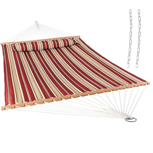 Sunnydaze Quilted Double Hammock for Outside with Spreader Bars and Pillow - 450 lb Capacity, 74x55 Inch Bed, UV Resistant, Quick Dry - Chains Included, Stand Sold Separately - Red Stripe - color: Red Stripe