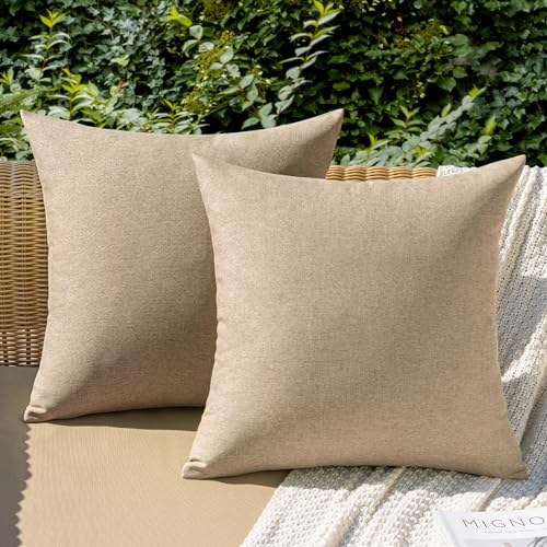 MIULEE Pack of 2 Decorative Outdoor Solid Waterproof Throw Pillow Covers Faux Linen Garden Farmhouse Cushion Cases for Patio Tent Balcony Couch Sofa 16x16 Inch Light Tan - color: Light Tan, size: 16" x 16" (Pack of 2)