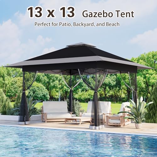 Bezseller 13x13 Pop Up Gazebo with Mosquito Netting – Easy 1-Person Setup, Water-Resistant Backyard Canopy for Family Patio & Garden Use, Black - color: Black, size: 13"x13"