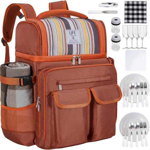 Picnic Backpack for 4 Person with 2 Insulated Leakproof Cooler Compartment, 4 Cutlery Sets, Wine Holder, Fleece Blanket, Perfect for Beach, Camping, Hiking, Brown