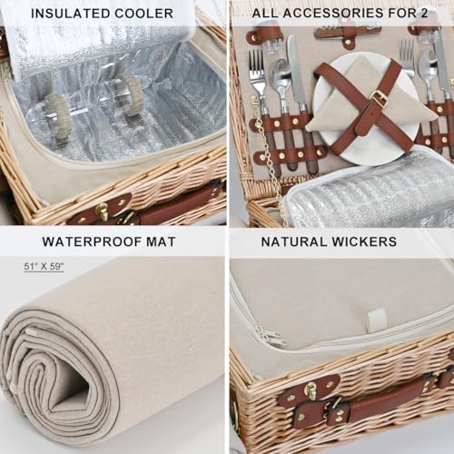 Picnic Basket with Blanket and Wine Pouch for 2, Wicker Picnic Set with Insulated Liner Cooler Bag Hamper for Camping,Wedding - Natural - color: Natural With Blanket for 2