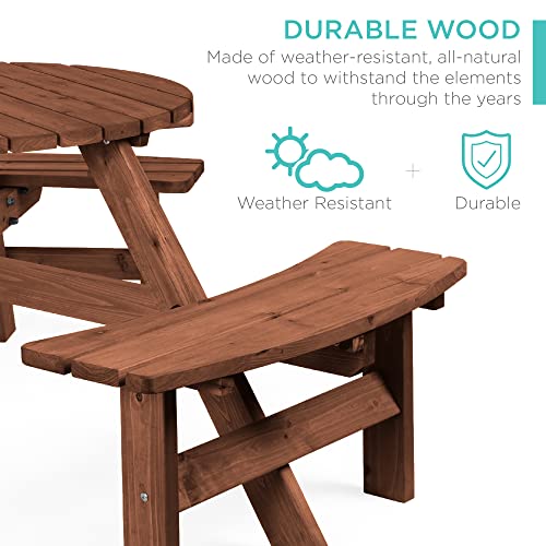 Best Choice Products 6-Person Circular Outdoor Wooden Picnic Table for Patio, Backyard, Garden, DIY w/ 3 Built-in Benches, 500lb Capacity - Walnut Brown - color: Walnut Brown