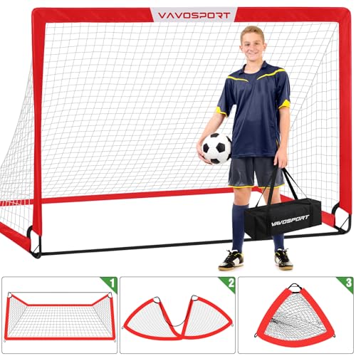 VAVOSPORT Soccer Goal, 2 of 6'x4' Kids Soccer Goals for Backyard Set, Portable Pop Up Soccer Net, Practice Soccer Training Equipment with Ball, Cones for Toddler,Youth Sports Outdoor Games Yard Play - color: Red