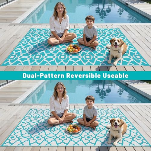 HEBE Outdoor Rug Waterproof 6x9, Plastic Straw Rug Camping Rug, Reversible Outdoor Patio Rugs RV Mat Clearance, Indoor Outside Floor Carpet for Porch,Deck,Camper,Balcony,Backyard - color: Teal, size: 6' x 9' (Rectangular)