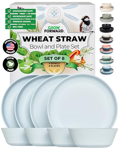 Grow Forward Premium Wheat Straw Plates and Bowls Sets - 8-Piece Wheat Straw Dinnerware Sets - Unbreakable & Reusable Microwave Safe Plastic Dinner Plates for Outdoors, RV, Camping Dishes - Glacier - color: Glacier Blue