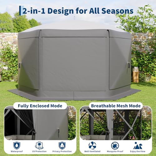 GarveeLife 11.5x11.5FT 6-Sided Pop Up Gazebo Tent，One-Push Setup Canopy Tent with Mesh Panels & Removable Wind Cloths, Outdoor shelter for Camping, Backyard Parties, Outdoor Events - Grey - color: Gray, size: Traditional Top - 11.5ft