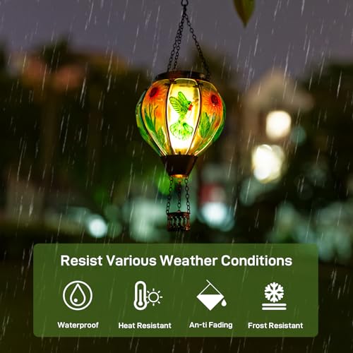 Hummingbird and Sunflower Solar Hot Air Balloon Lantern with Flame, Glass Hot Air Balloon Solar Lantern Outdoor Waterproof, Hanging Solar Lantern for Outside Garden Patio Tree Porch Yard - color: Green