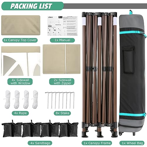 COBIZI 10x20 Pop Up Canopy Tent Heavy Duty with 6 Removable Sidewalls, Commercial Heavy Duty Pop Up Tent for Parties All Weather Waterproof and UV 50+ Wedding Tent with Roller Bag(Legs Upgraded) - color: Khaki, size: 10x20FT