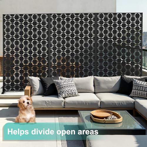 Modern Metal Privacy Screen, Patio Outdoor Privacy Panels with Stand, Freestanding Outdoor Divider for Yard, Deck＆Garden(71.3"*47.3"*15.7") - color: Black,Square