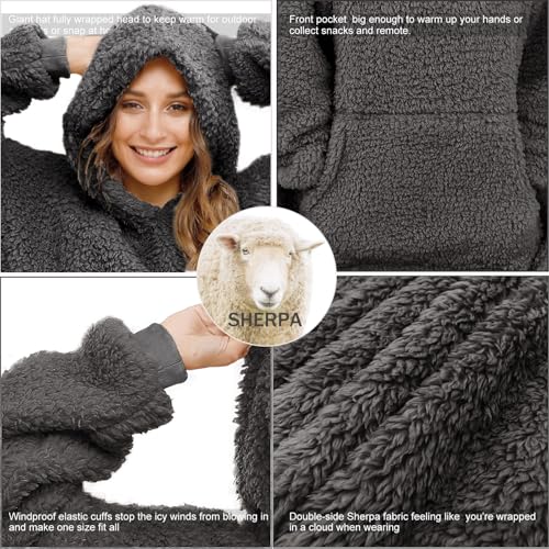 Sherpa Wearable Blanket Oversized Hoodie Sweatshirt TV Blanket with Long Sleeves and Pocket (DarkGray, One Size) - color: Darkgray