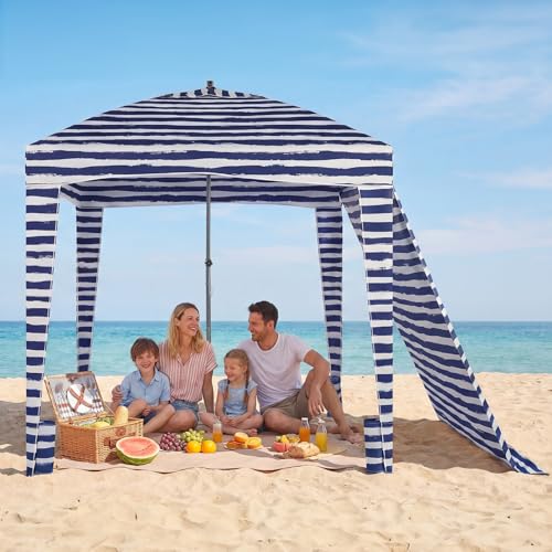 OLIXIS 6'×6' Beach Cabana Tent Sun Shelter – UPF 50+ Easy Setup Cool Canopy Tent Sun Shade with Side Wall, Wind Resistant Beach Cabana for Whole Family - color: Dark Blue Stripes, size: 6x6 ft