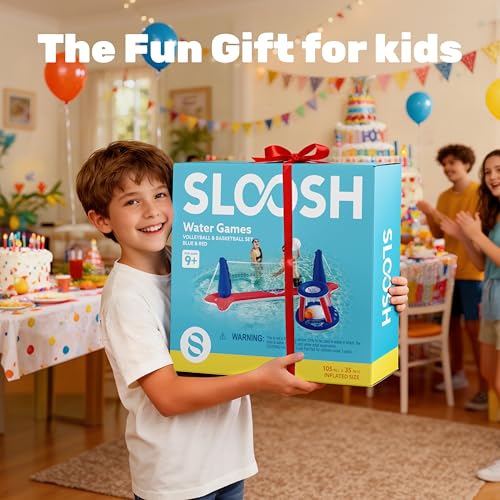 JOYIN Inflatable Pool Float Set Volleyball Net & Basketball Hoops, Balls Included for Kids and Adults Swimming Game Toy, Summer Floaties, Volleyball Court |Basketball,L-Red - color: Red, size: Large