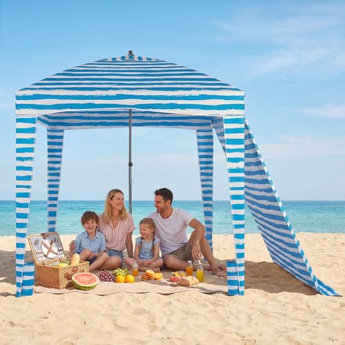 OLIXIS 6'×6' Beach Cabana Tent Sun Shelter – UPF 50+ Easy Setup Cool Canopy Tent Sun Shade with Side Wall, Wind Resistant Beach Cabana for Whole Family - color: Light Blue Stripes, size: 6ft x 6ft