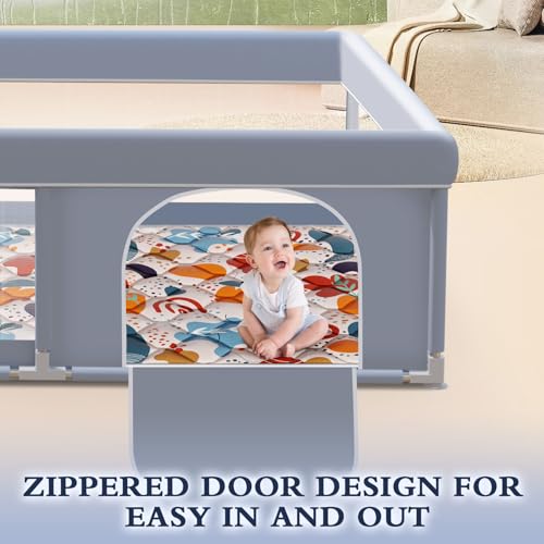 XVISHX 65 x 50 Inch Baby Playpen with Mat, Playpen for Babies and Toddlers, Baby Play Pen Playard for Indoor & Outdoor Active Center Game Fence, Skin-Friendly Fabric and Soft Breathable Mesh, Grey - size: 65 × 50 Inch + MAT