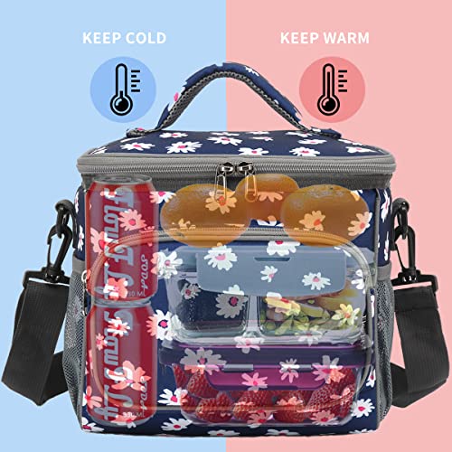FlowFly Insulated Reusable Lunch Bag Adult Large Lunch Box for Women and Men with Adjustable Shoulder Strap,Front Zipper Pocket and Dual Large Mesh Side Pockets,Daisy - color: Daisy