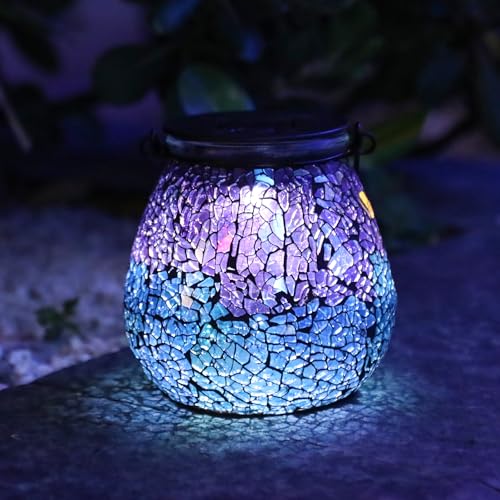 Afirst Mosaic Solar Lanterns Outdoor - Glass Hanging Solar Lights Hollow Out Waterproof Table Lamp Outdoor Decorative for Garden, Patio, Holiday Party Outdoor Decoration - style: ice-purple