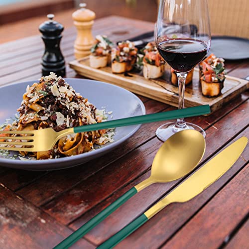 AARAINBOW 6 Pieces Stainless Steel Flatware Set Portable Reusable Cutlery Set Travel Utensils Set Including Chopsticks Knife Fork Spoon Straws Cleaning Brush Dishwasher Safe (B-Green golden) - color: B-Green golden