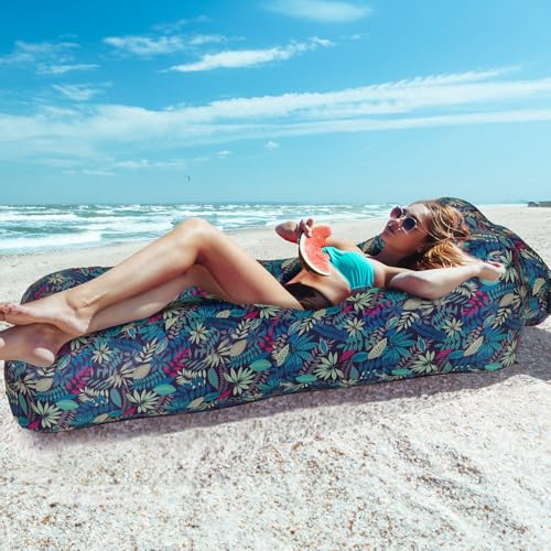 Inflatable Couch Air Lounger for Adults, Ultralight Portable Blow up Couch Air Sofa, Inflatable Beach Lounger Bed for Camping Hiking Festival Backyard Lawn, No Pump Required - color: Tropical Blue