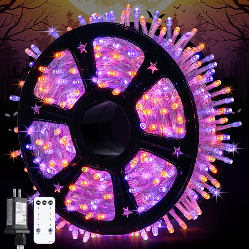 JMEXSUSS 600 LED Halloween String Lights Outdoor, Orange and Purple Halloween Lights Clear Wire, Twinkle String Lights Plug in for Tree Christmas Decorations - color: Orange and Purple, size: 600 LED