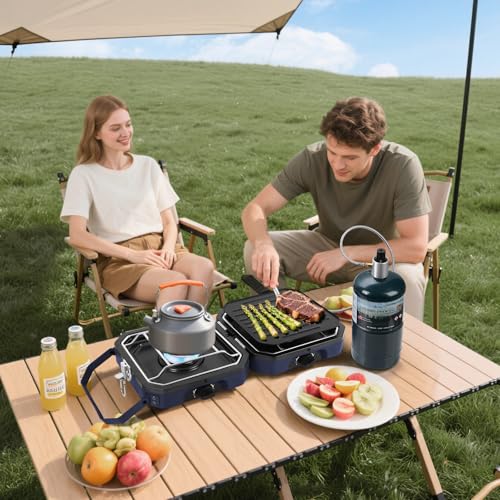 Adjustable 2-Burner Portable Stove with 16000 BTU, with Camping Grill and Carrying Bag, Portable Propane Camp Stove with 2 Burners & Piezo Ignition for Camping, Backyard BBQ,Tailgating (Blue) - color: Blue
