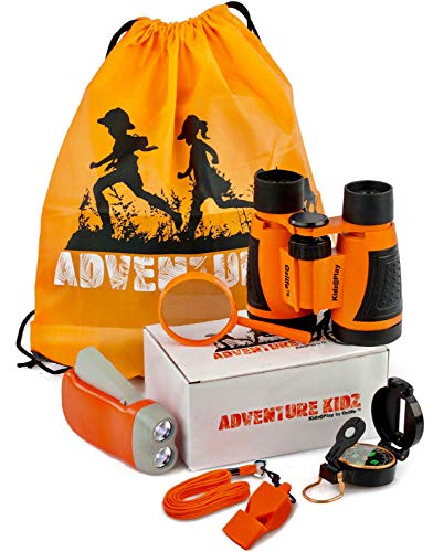 Adventure Kidz - Outdoor Exploration Kit, Children’s Toy Binoculars, Flashlight, Compass, Whistle, Magnifying Glass, Backpack. Great Kids Gift Set for Camping, Hiking, Educational and Pretend Play. - color: Orange