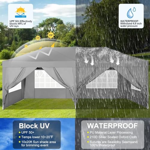 COBIZI 10x20 Pop Up Canopy Tent Commercial Instant Shelter with 6 Sidewalls, Durable Waterproof Portable Gazebo UPF 50+ for Outdoor Party, Wedding, Vendor Events (Gray) - color: Gray, size: 10x20FT with 6 sidewalls